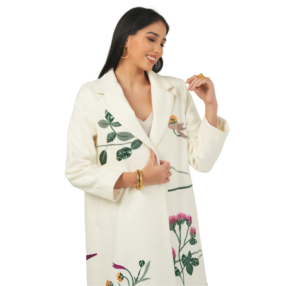 Off-White Embroidered Soft Wool Abaya