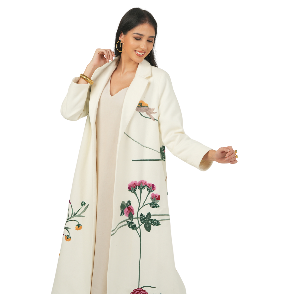 Off-White Embroidered Soft Wool Abaya