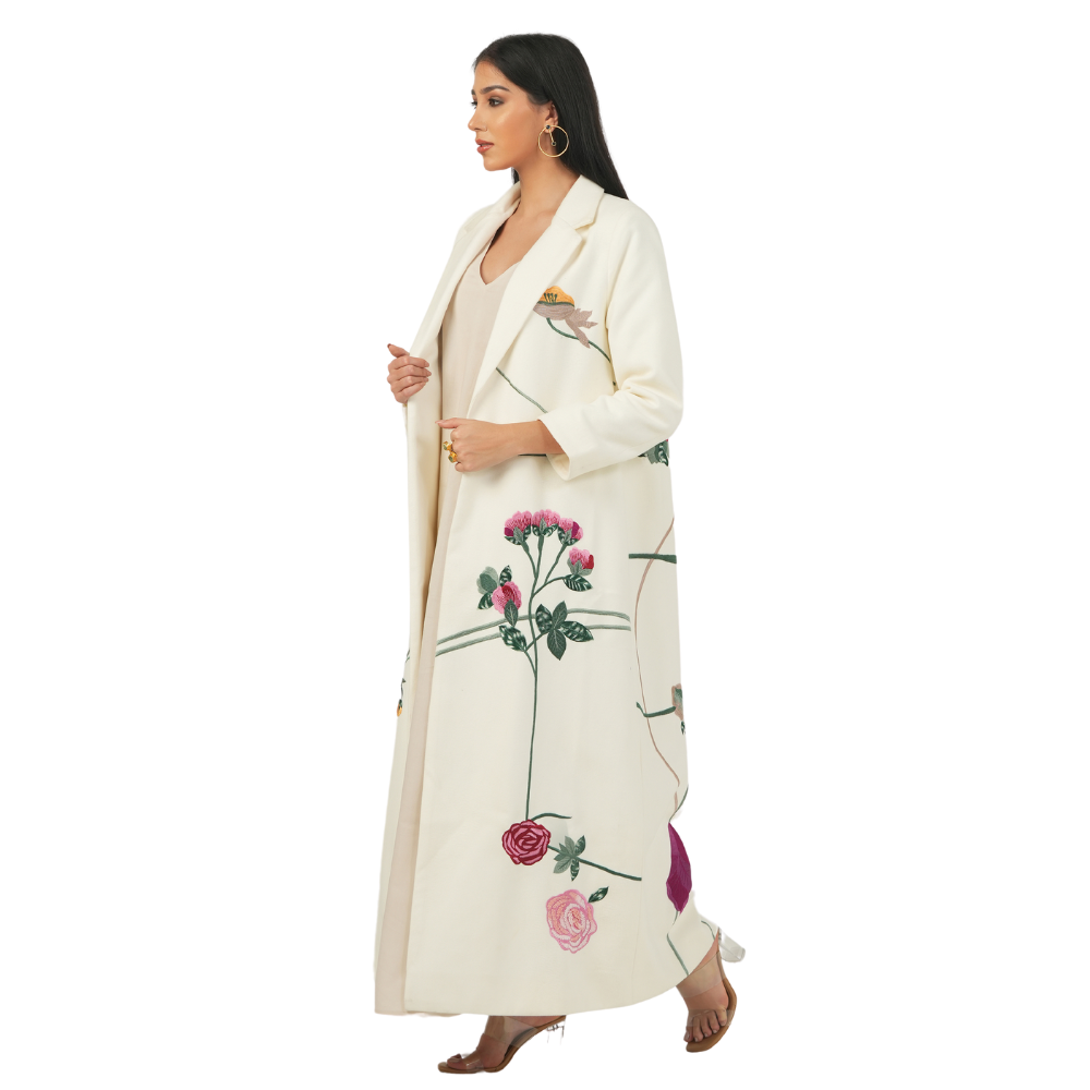 Off-White Embroidered Soft Wool Abaya