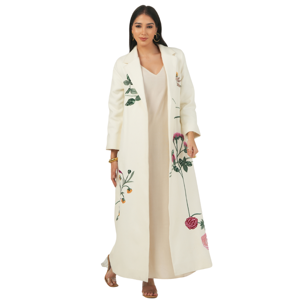 Off-White Embroidered Soft Wool Abaya