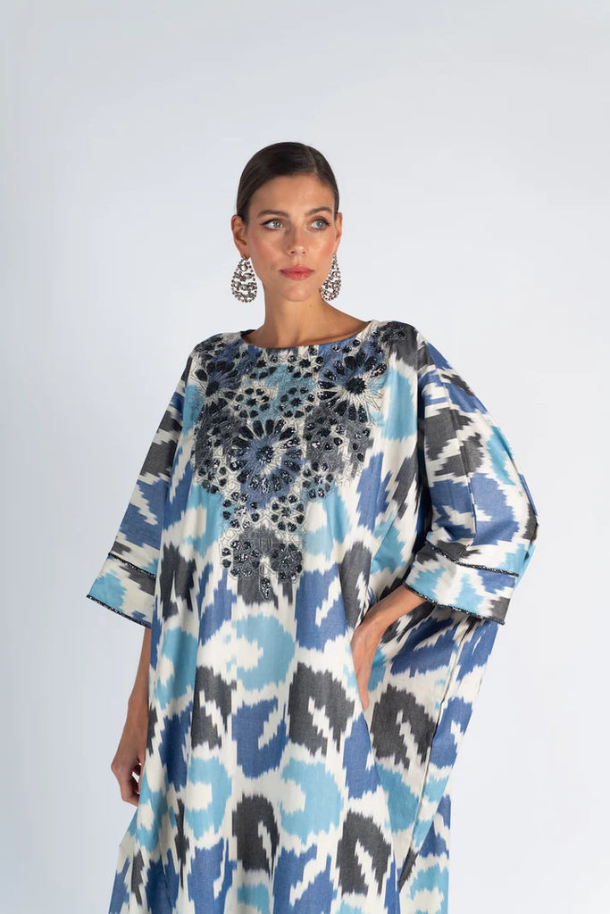 Blue Darraa Ikat Leaves Kaftan