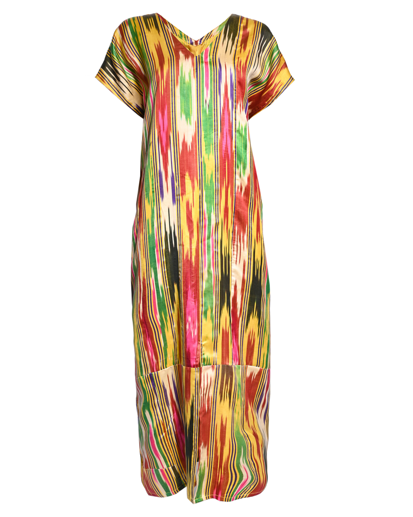 Ikat Striped Silk Short Sleeve Dress