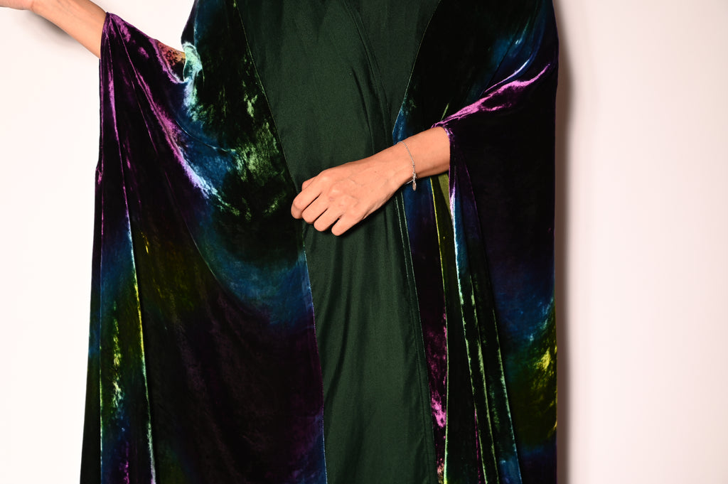 Green Velvet Silk Cape Abaya