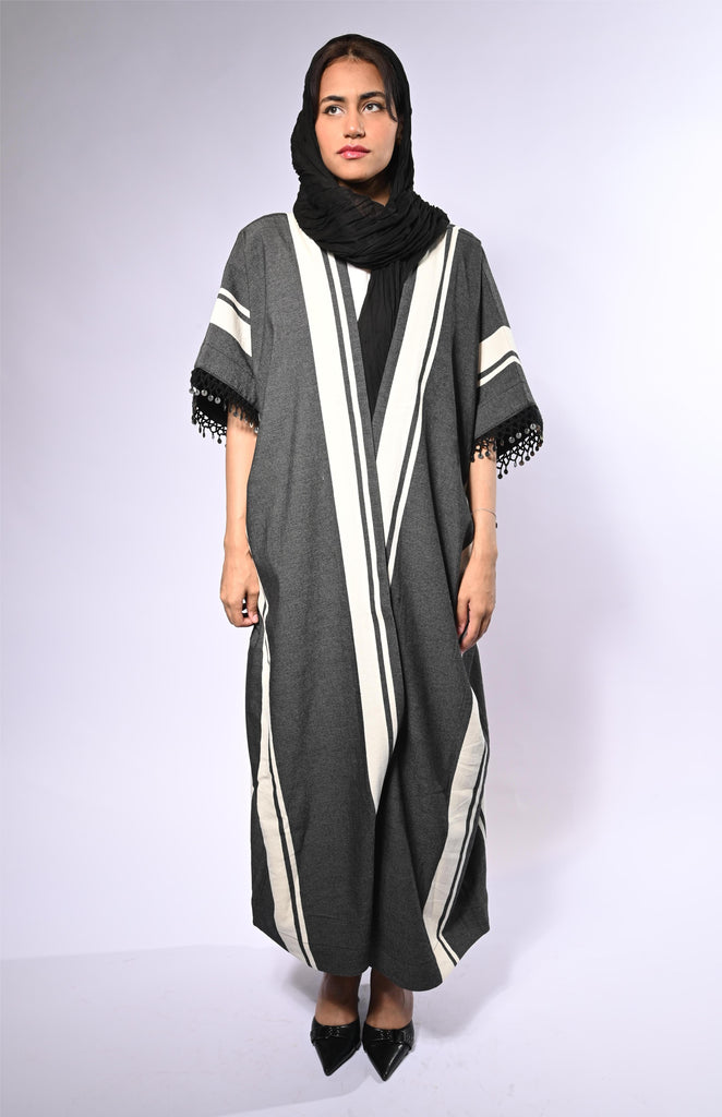 Grey Striped Wool Midi Bisht Abaya