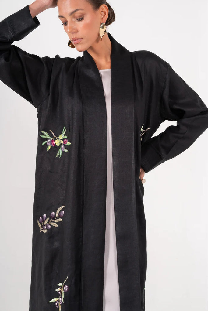 Olives Black Abaya in Italian Linen