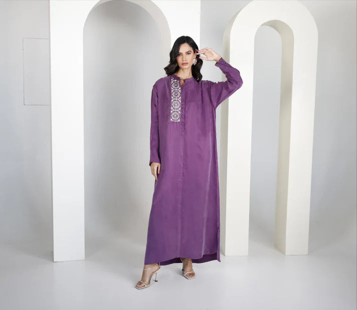 Aubergine Mao Washed Silk Kaftan