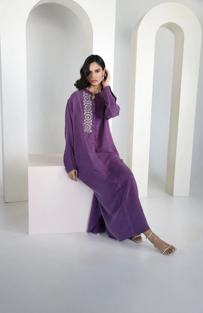 Aubergine Mao Washed Silk Kaftan