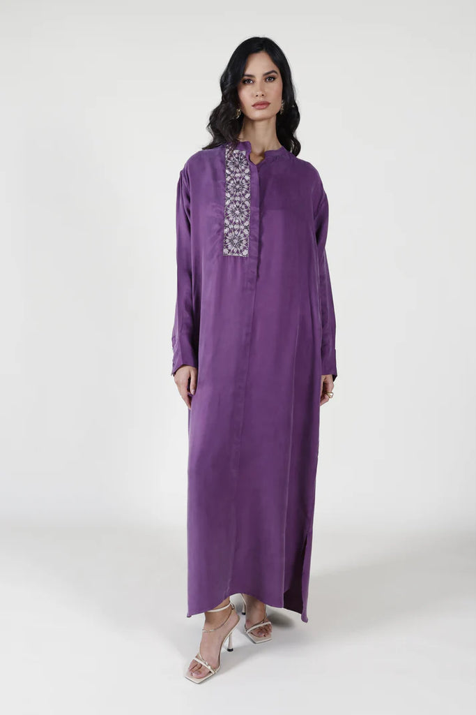 Aubergine Mao Washed Silk Kaftan