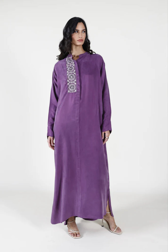 Aubergine Mao Washed Silk Kaftan