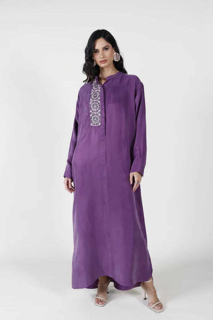 Aubergine Mao Washed Silk Kaftan