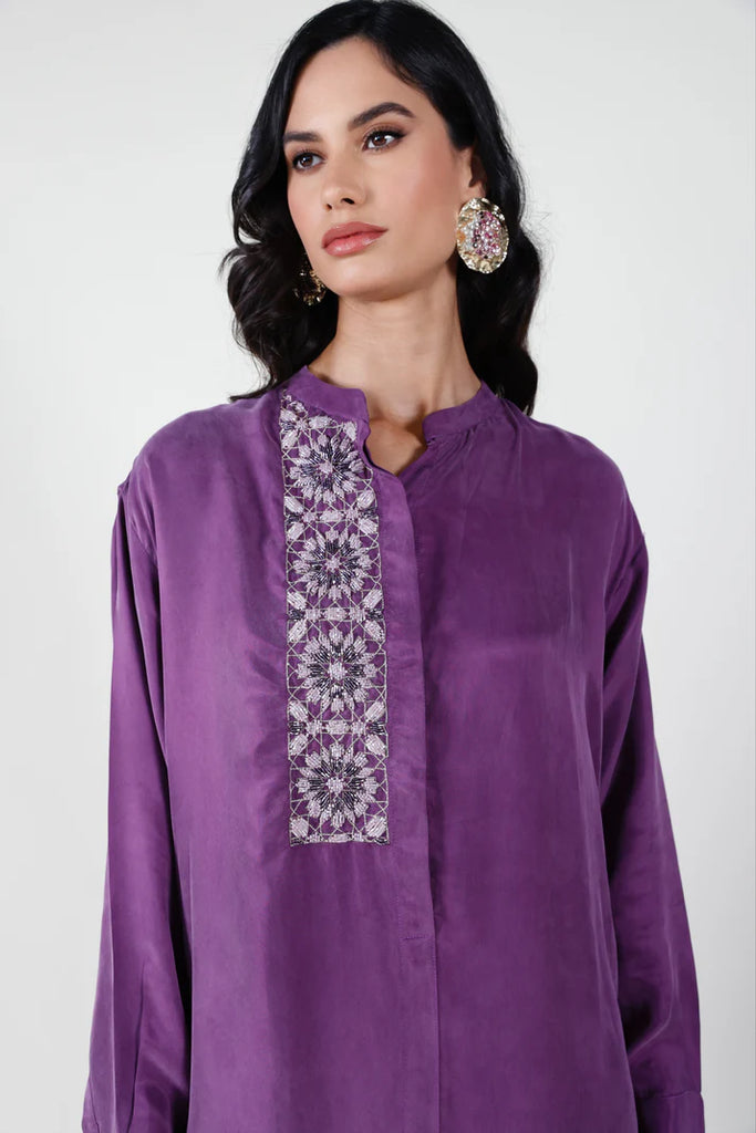 Aubergine Mao Washed Silk Kaftan