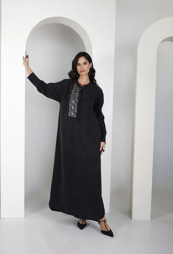 Black Mao Washed Silk Kaftan