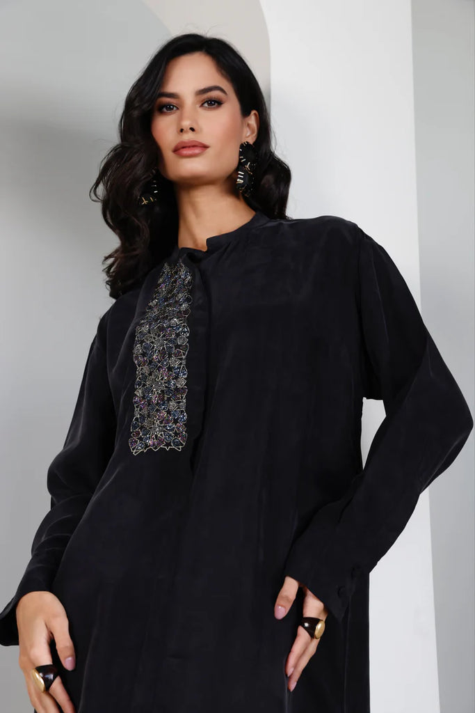 Black Mao Washed Silk Kaftan