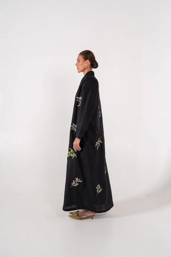 Olives Black Abaya in Italian Linen