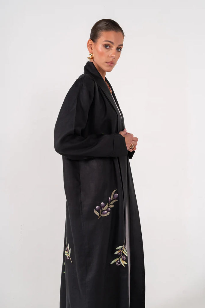 Olives Black Abaya in Italian Linen