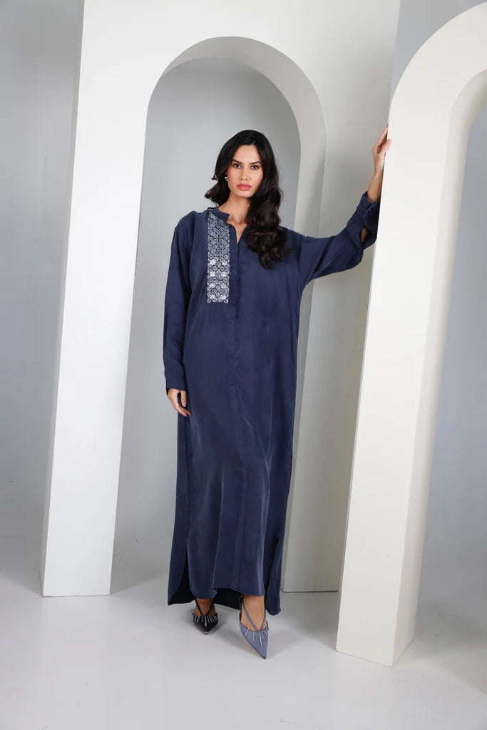 Navy Mao Washed Silk Kaftan