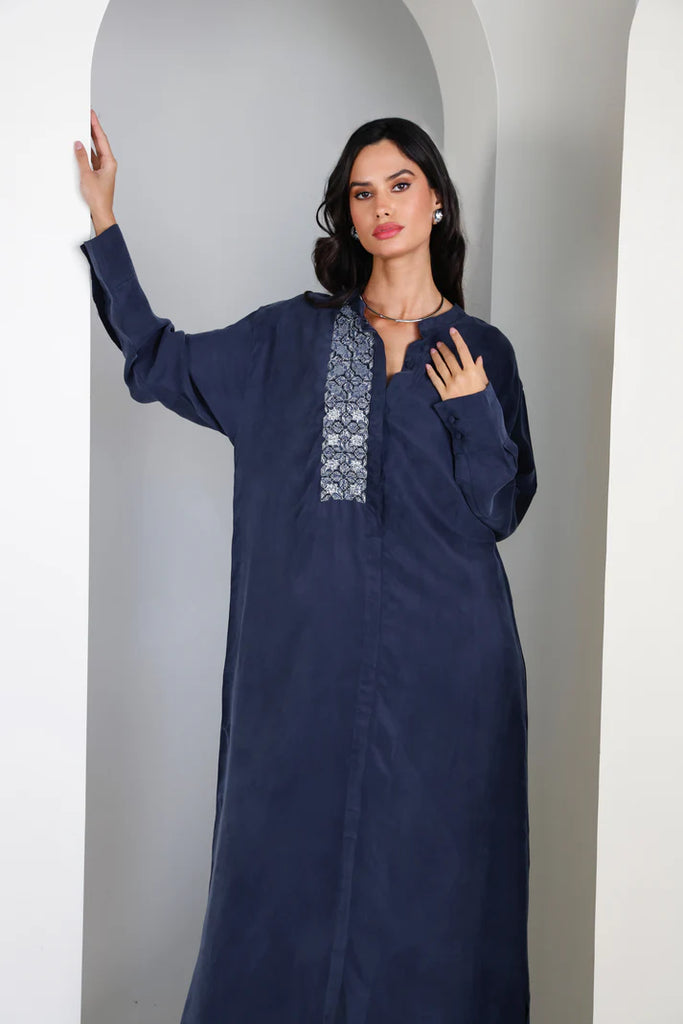 Navy Mao Washed Silk Kaftan