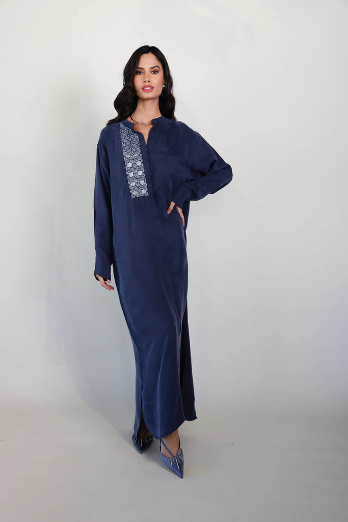 Navy Mao Washed Silk Kaftan