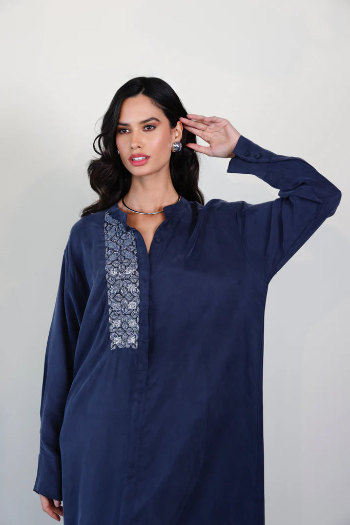 Navy Mao Washed Silk Kaftan