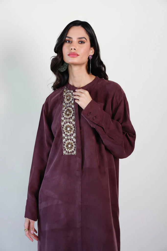 Burgundy Mao Washed Silk Kaftan