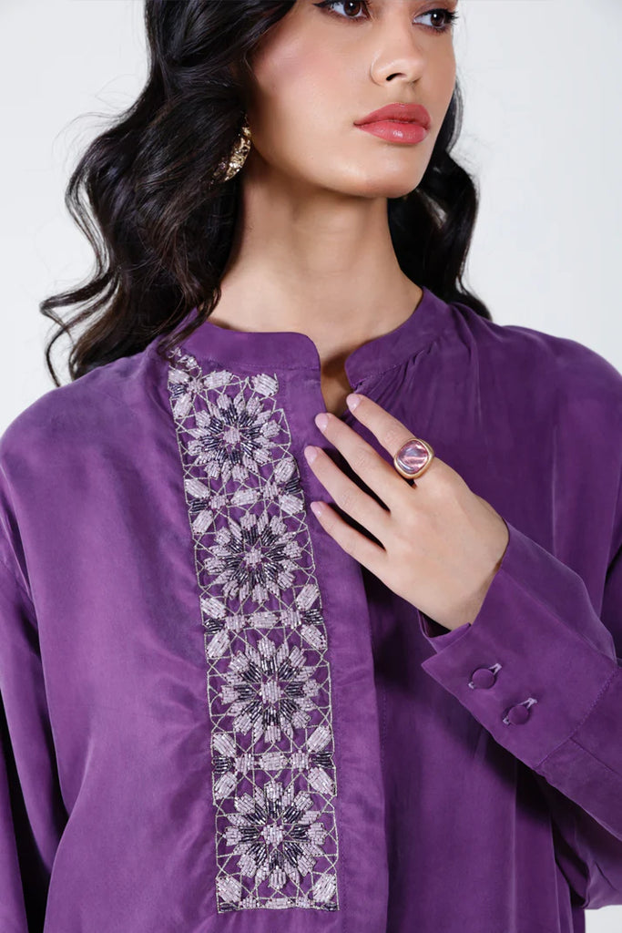 Aubergine Mao Washed Silk Kaftan