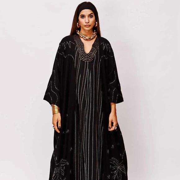 Pearl Drops on Palm Black Abaya